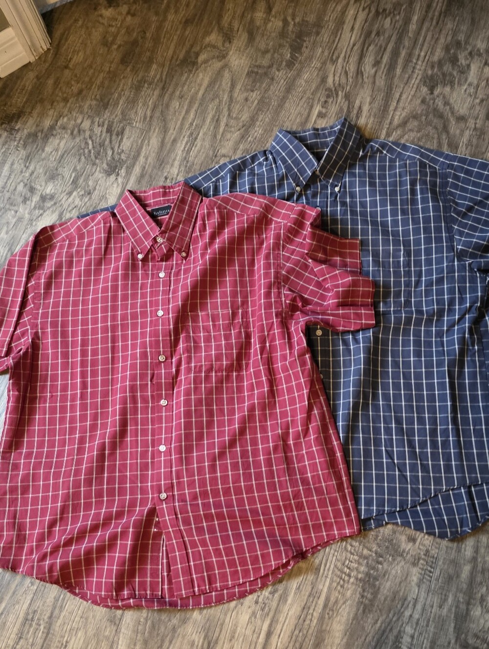 Van Heusen Short-Sleeve Button-Down Shirts in Red and Navy Windowpane